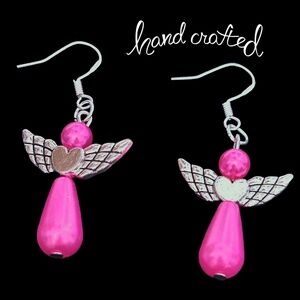 Hand Crafted Earrings 3-D Articulating Angel Hot Pink Pearl Silver Plate Wires